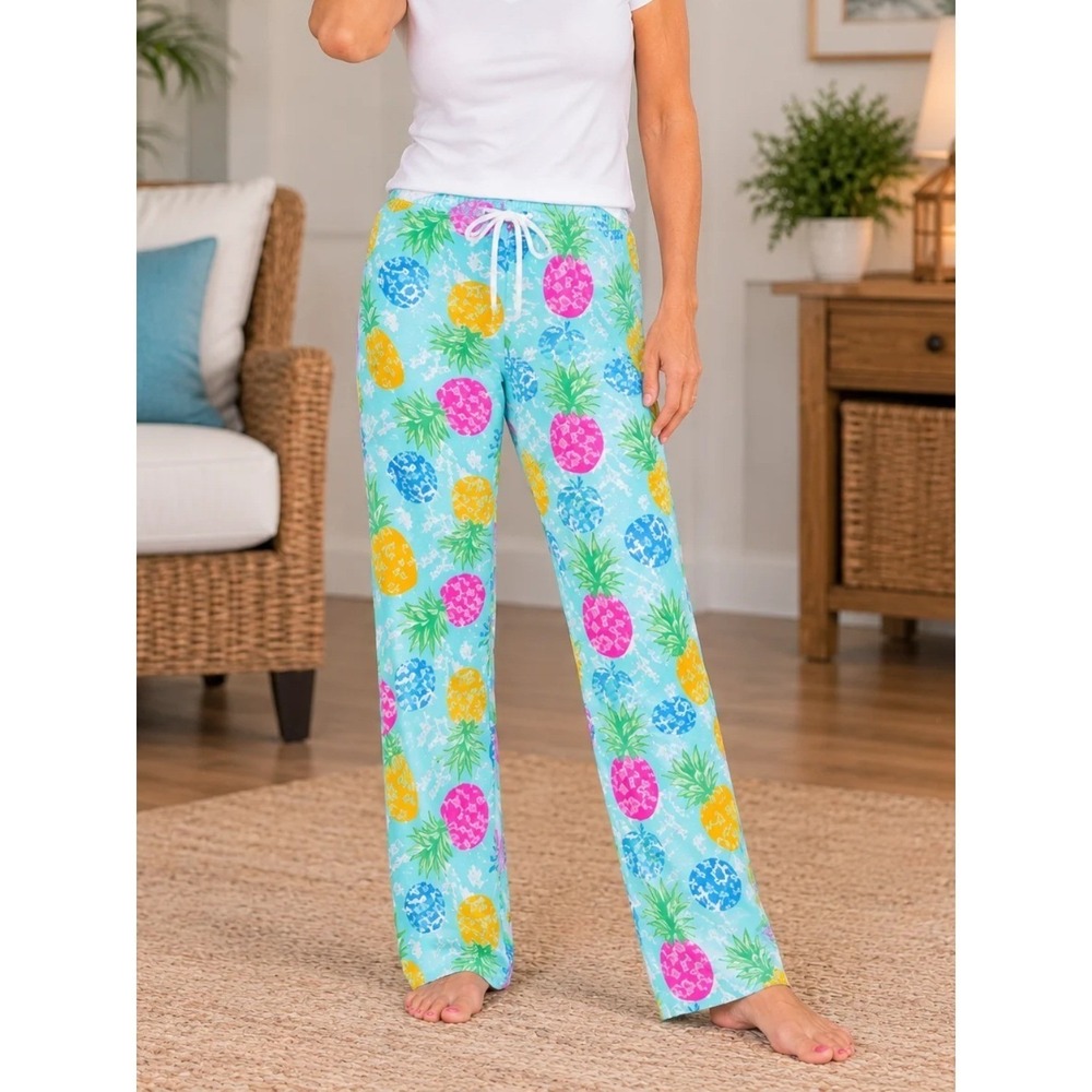 Southern Couture Tropical Pineapple Print Lounge Pants Royal Straight Leg L/XL
